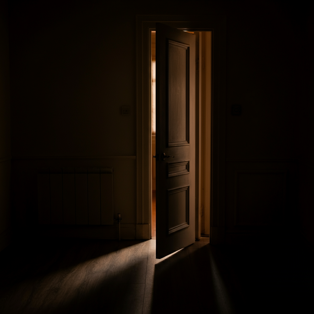 A slightly ajar door casting a long shadow across a dimly lit hallway. The focus is sharp on the doorframe, with the interior of the room obscured in shadow, creating a sense of mystery.