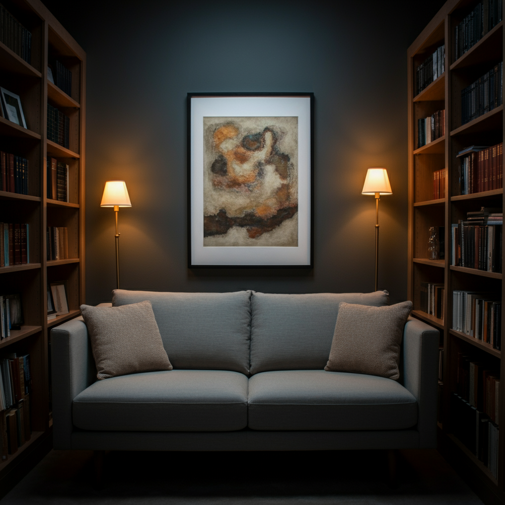 A therapist's office with comfortable seating and soft lighting. Bookshelves line the walls, and a framed piece of abstract art hangs prominently. The scene is empty, creating a sense of calm and professional space.