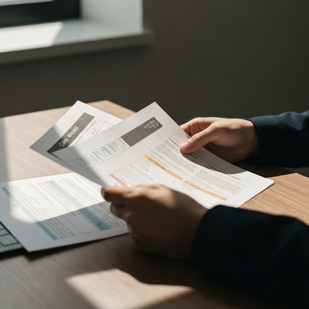 Close-up shot of a person's hands holding three printed credit reports, spread out on a clean wooden desk. Soft, natural light streaming in from a window, highlighting the paper texture. The reports are partially obscured, showing only headings and some highlighted sections.