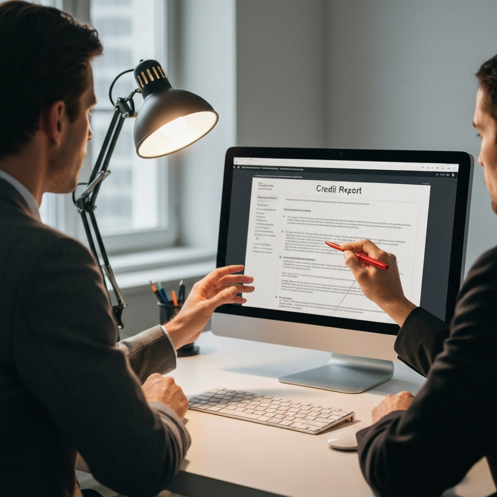 A person sitting at a desk, focused on a computer screen displaying a credit report. A red pen is circling a specific section of the report. The room is well-lit with a desk lamp providing focused illumination. 