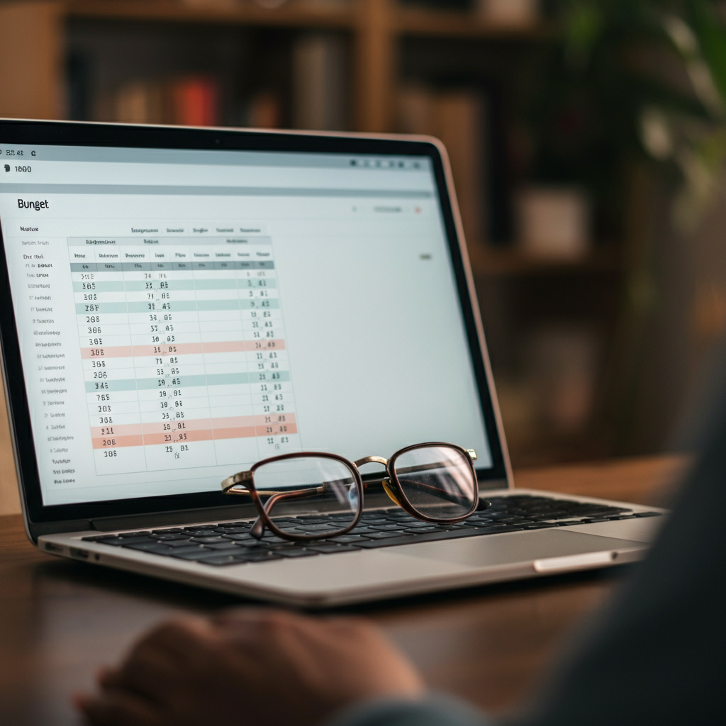 A neatly organized budget spreadsheet displayed on a laptop screen. A pair of glasses rests on the keyboard. The background is blurred, showing a home office setup with plants and bookshelves.