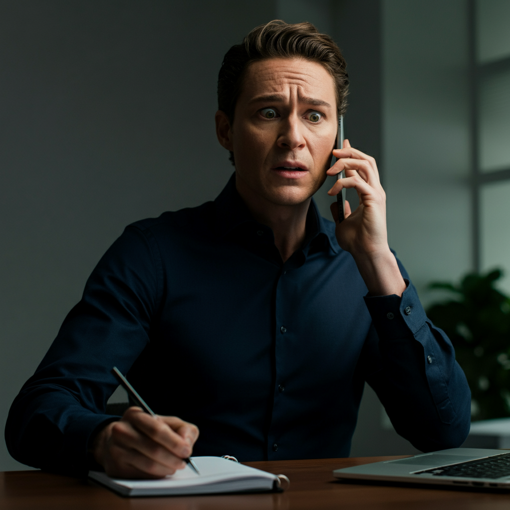 A person talking on the phone, looking concerned but determined. They are holding a pen and paper, presumably taking notes during the call. The background is a bright, professional office setting.