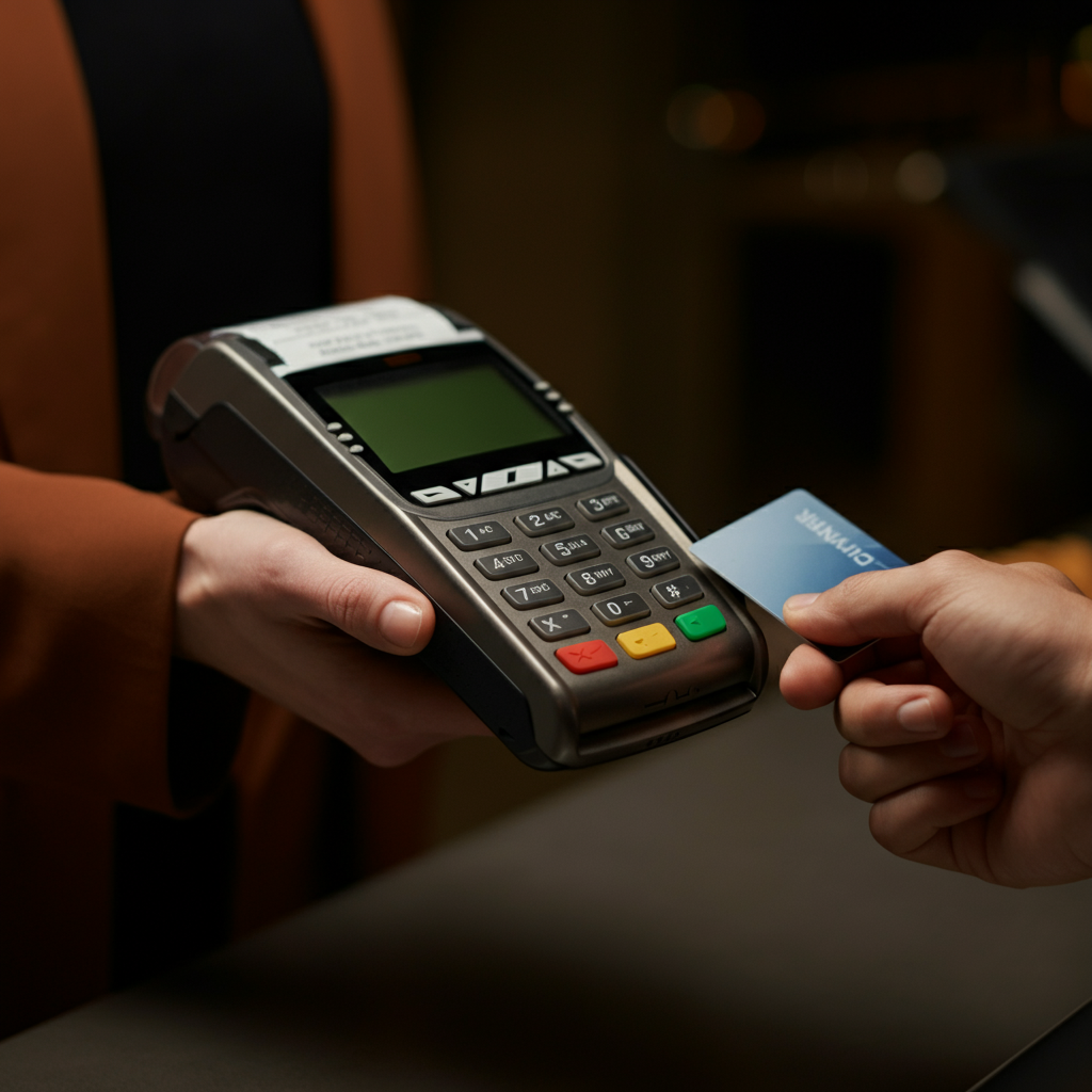 A close-up shot of a credit card being inserted into a payment terminal at a checkout counter. Soft bokeh in the background, highlighting the card and terminal. Warm, inviting lighting.