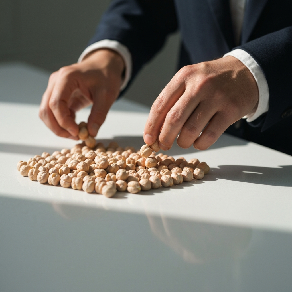Close-up on dried fava beans and chickpeas being sorted on a clean white countertop, with soft, diffused natural light emphasizing the texture of the beans.
