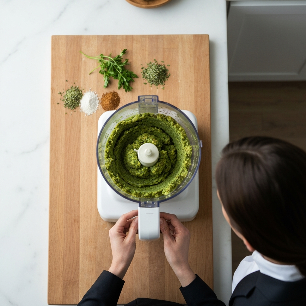 Overhead shot of a food processor containing a vibrant green falafel mixture, with herbs and spices scattered around it on a wooden cutting board in a brightly lit kitchen.