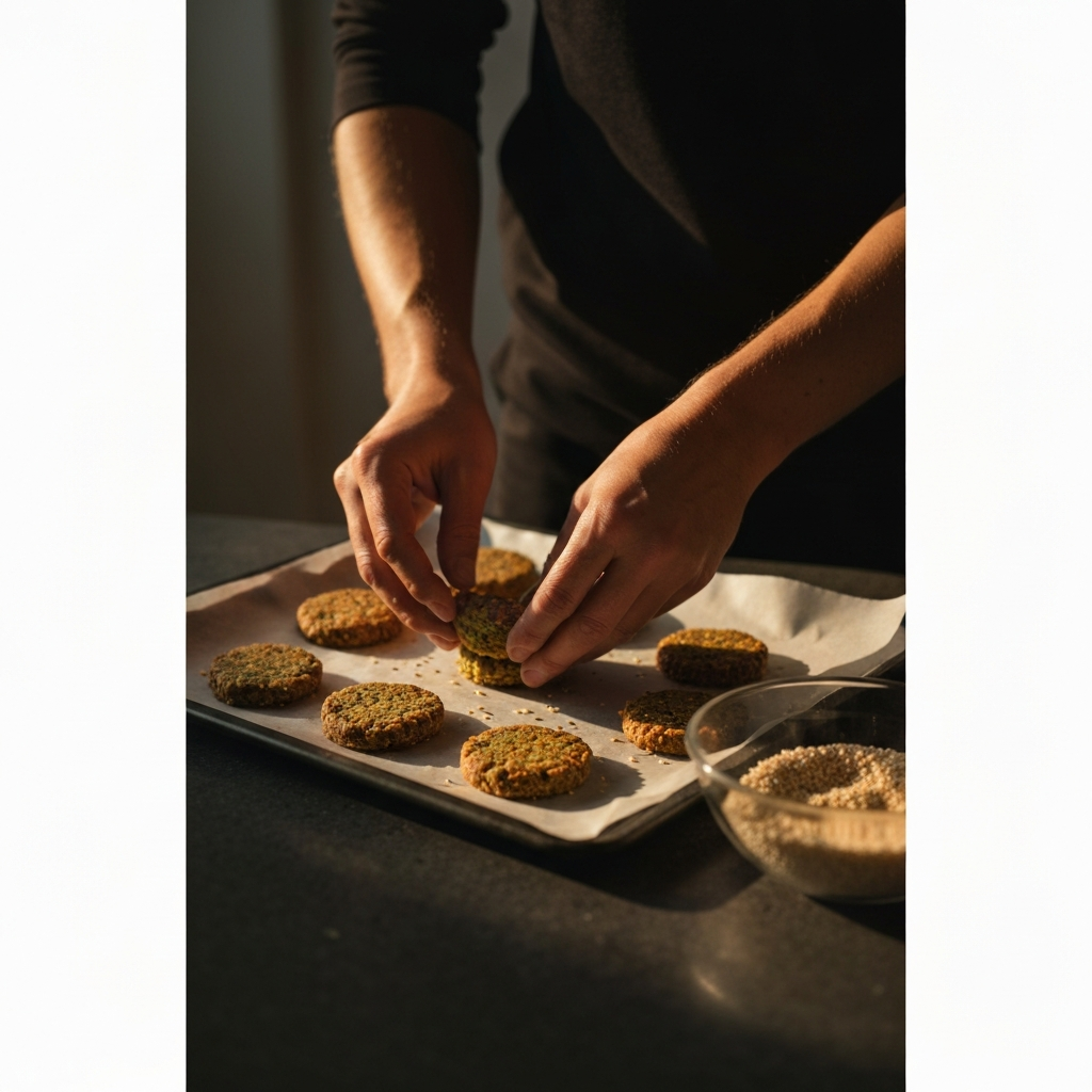 A pair of hands gently forming falafel patties on a parchment-lined baking sheet, with a bowl of sesame seeds nearby, captured in warm, natural light.
