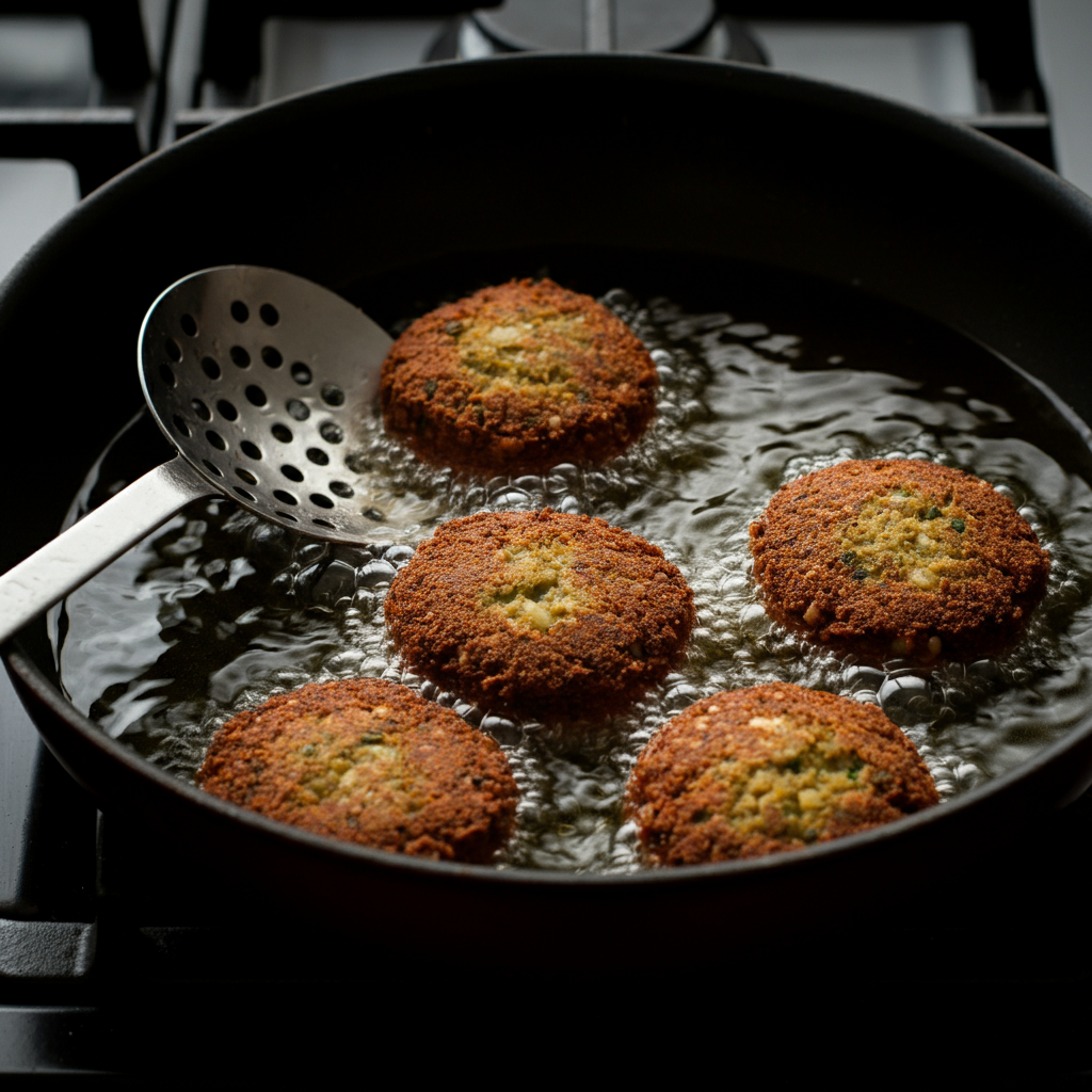 Falafel patties frying in hot oil in a deep skillet, with bubbles surrounding the patties and a slotted spoon resting on the edge of the pan, shot with shallow depth of field.