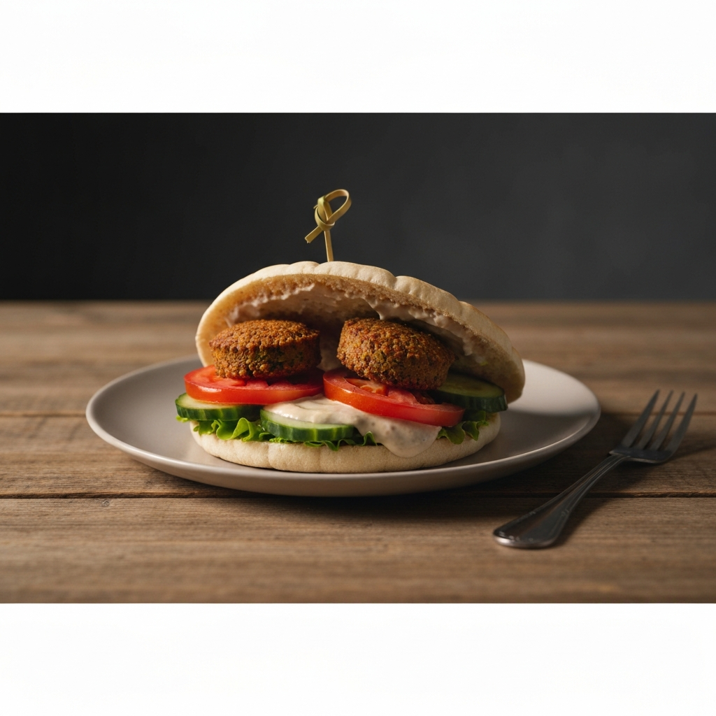 A close-up of a freshly made falafel sandwich with pita bread, tahini sauce, sliced tomatoes, and cucumbers, served on a rustic wooden table in soft, natural lighting.