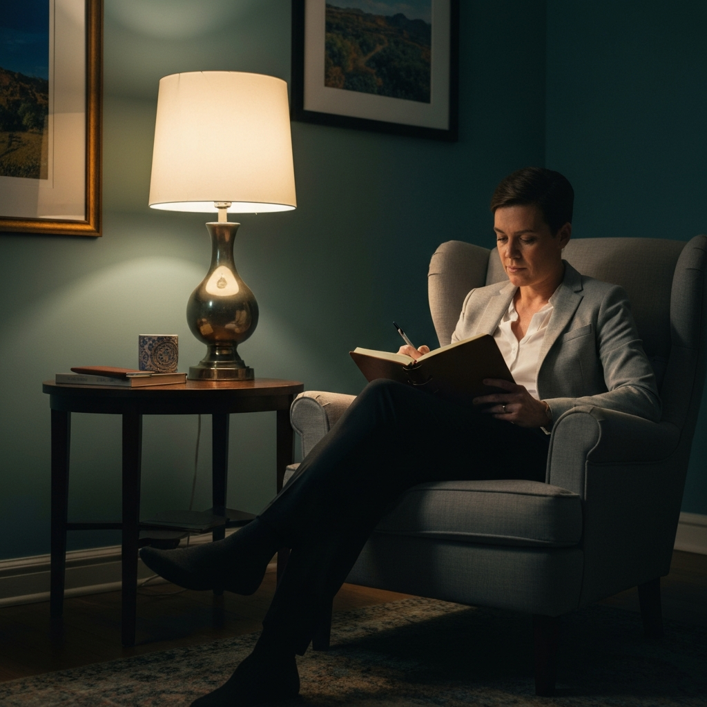 A person sitting in a comfortable armchair, bathed in the soft light of a table lamp, journaling in a leather-bound notebook. The room is decorated with calming colors and a few personal items.