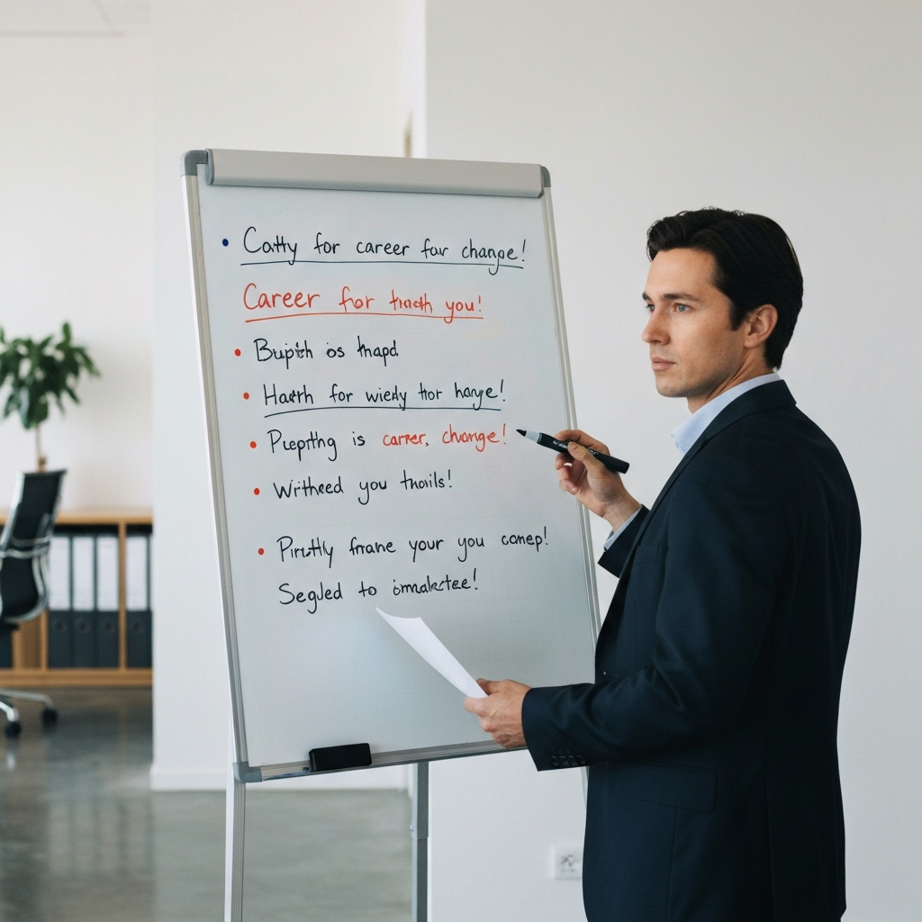 A whiteboard in a well-lit office space. The whiteboard has bullet points written on it in colorful markers, outlining the reasons for a career change.