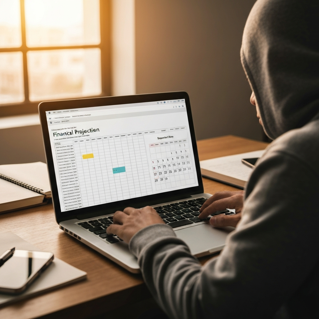 A person sitting at a desk, working on a laptop. The screen displays a spreadsheet with financial projections and a calendar with important dates highlighted.