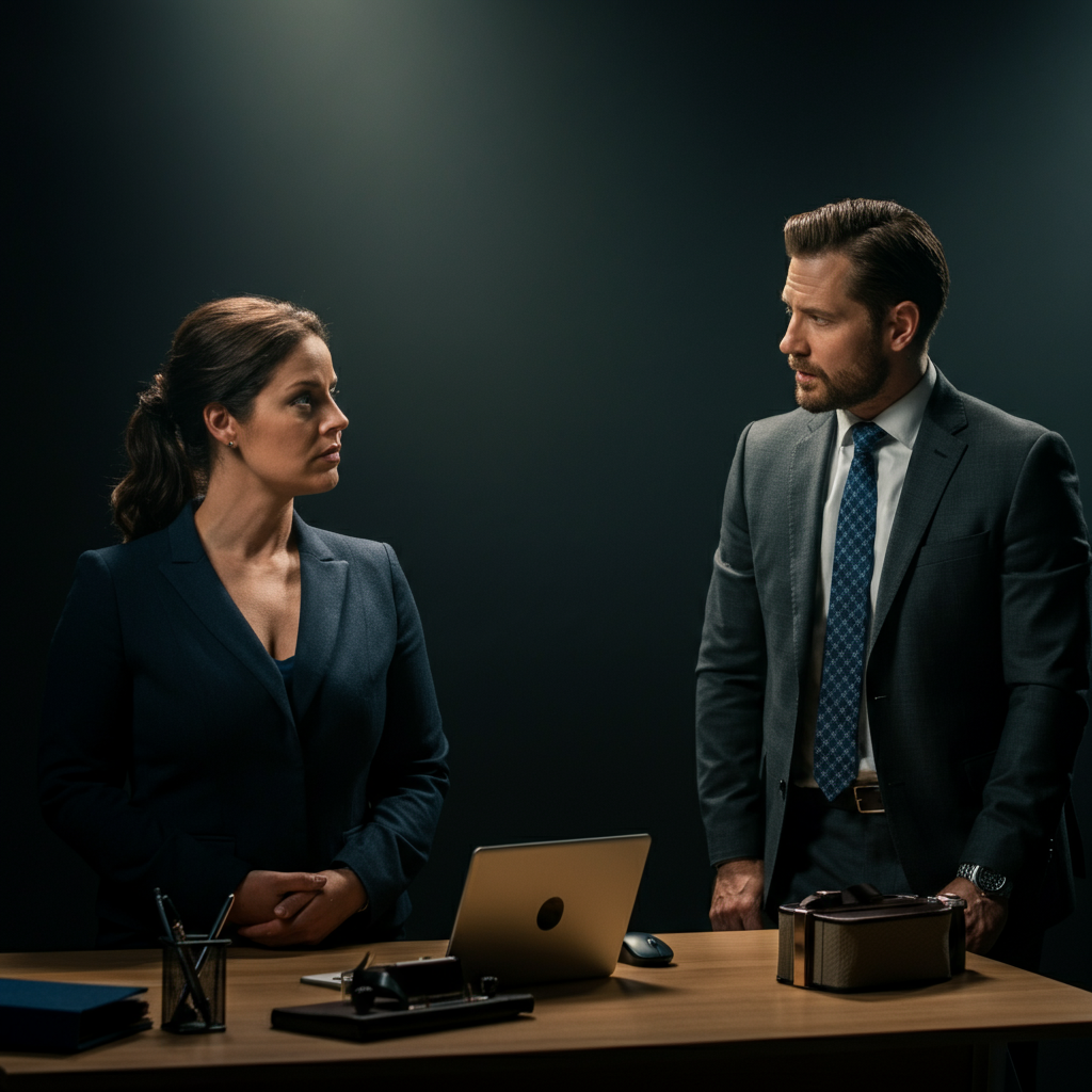 Two people having a serious but respectful conversation in a brightly lit office. One person is sitting at a desk, while the other is standing and listening attentively.