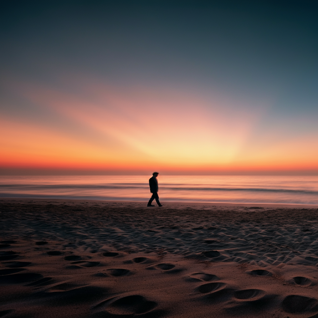 A person walking on a sandy beach at sunrise. The sky is filled with vibrant colors, and the ocean is calm and peaceful.