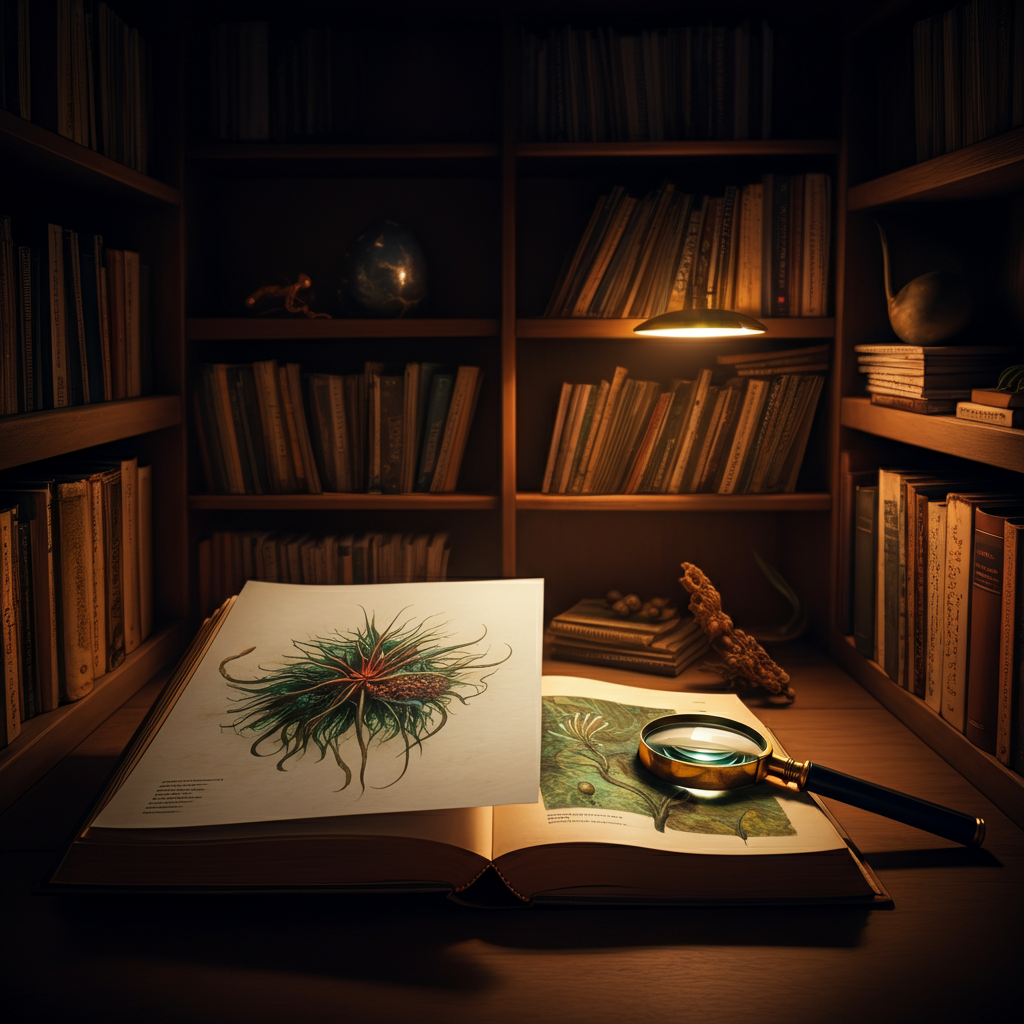 A cozy library corner. Bookshelves are filled with fictional ecology textbooks and illustrated guides to alien flora and fauna. A magnifying glass rests on an open book, highlighting a detailed illustration of a strange plant.