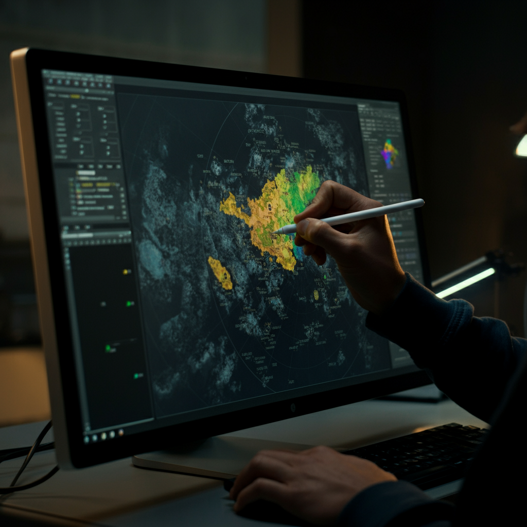 A digital workstation in a cartography lab. A detailed planetary map is displayed on a large monitor. A stylus hovers over the screen as someone carefully outlines a geographical region with vibrant colors.