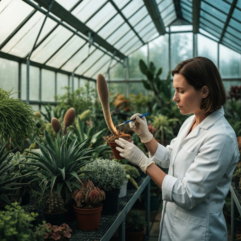 A botanist in a greenhouse examines an alien plant. The greenhouse is filled with exotic flora, and soft, natural light filters through the glass roof, illuminating the diverse textures and colors of the plant life. The botanist is wearing gloves and using a small tool to carefully examine the plant's structure.