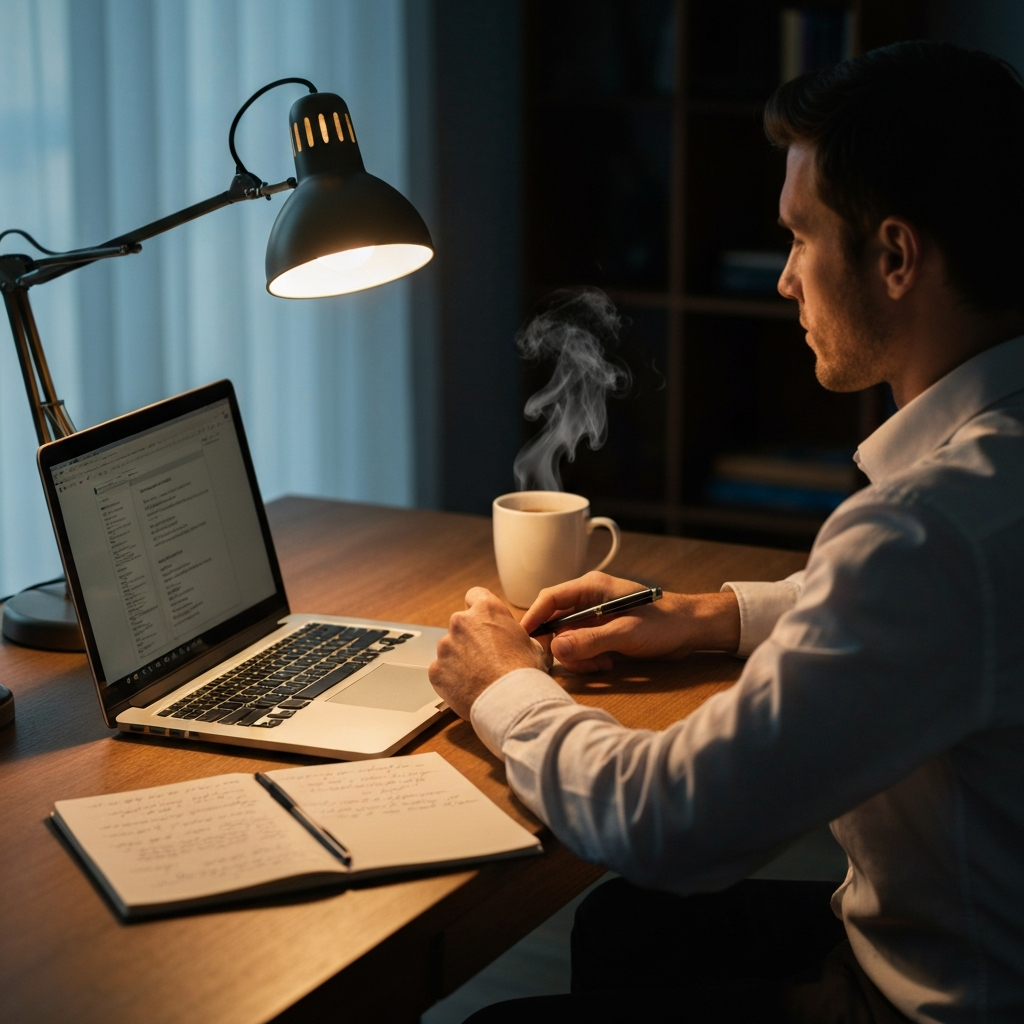 A writer sits at a comfortable desk with a laptop, bathed in the warm glow of a desk lamp. A notepad filled with handwritten notes sits beside the laptop, and a steaming mug of tea rests within reach.