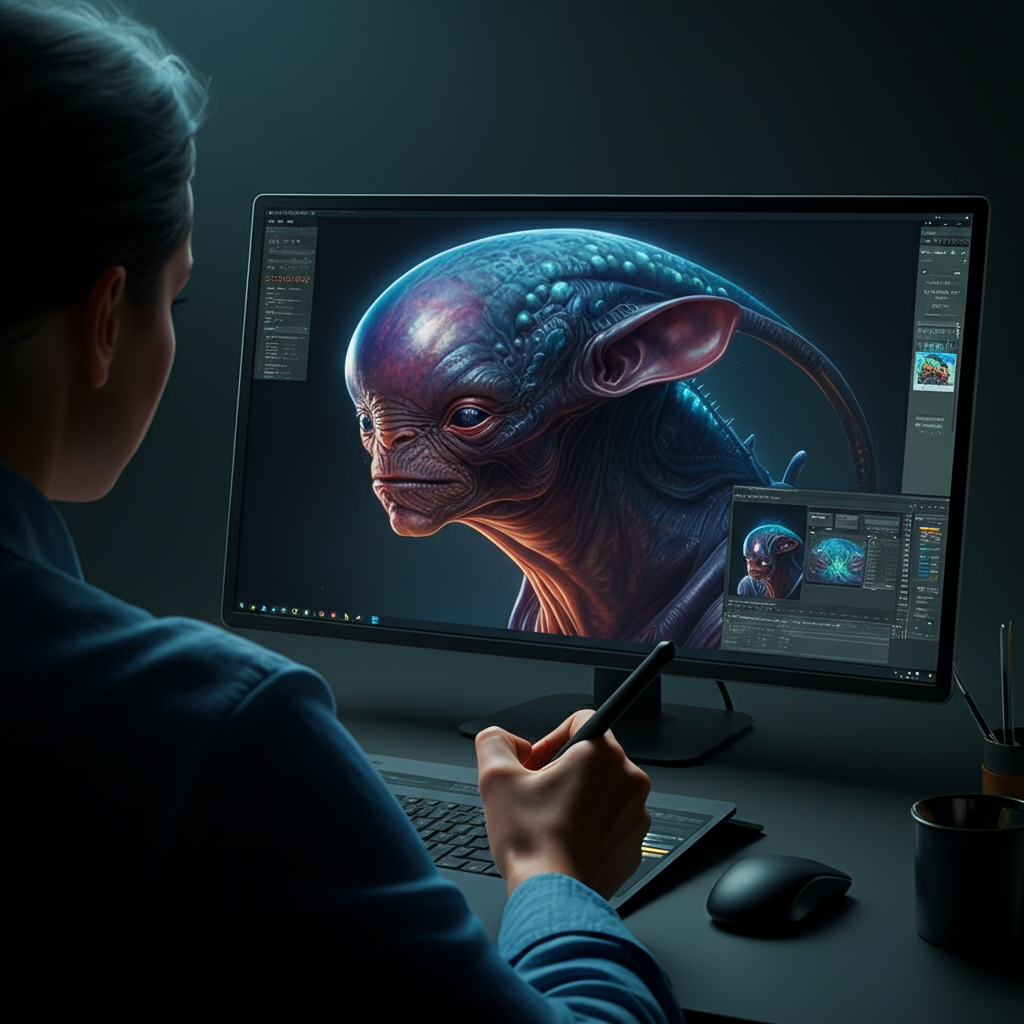 An artist meticulously works on a digital painting of an alien creature. The artist uses a stylus on a graphics tablet, and the screen displays a vibrant and detailed illustration of the species in its natural habitat. The studio is well-lit with soft, diffused light.