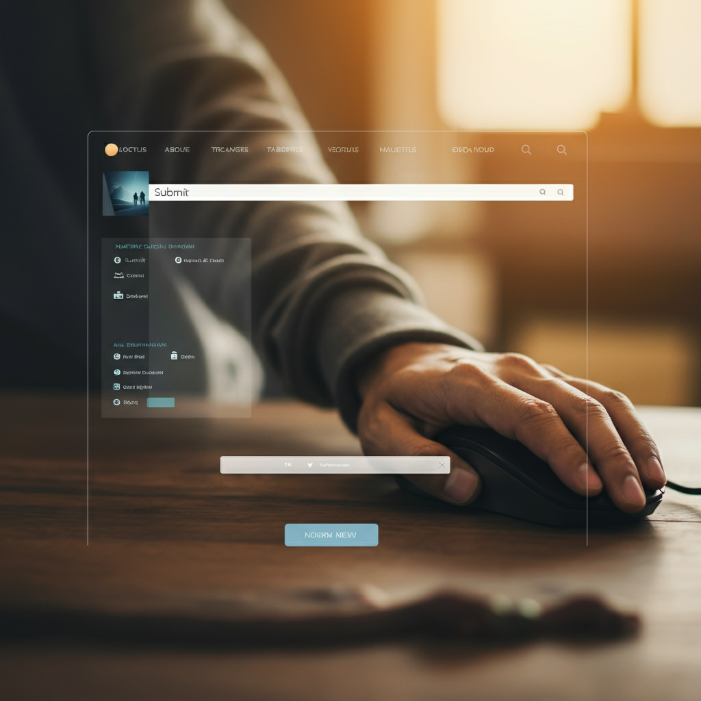 A hand hovers over a computer mouse, poised to click on a "Submit" button on a forum page. The forum is neatly organized with clear headings, and the user interface is clean and intuitive.