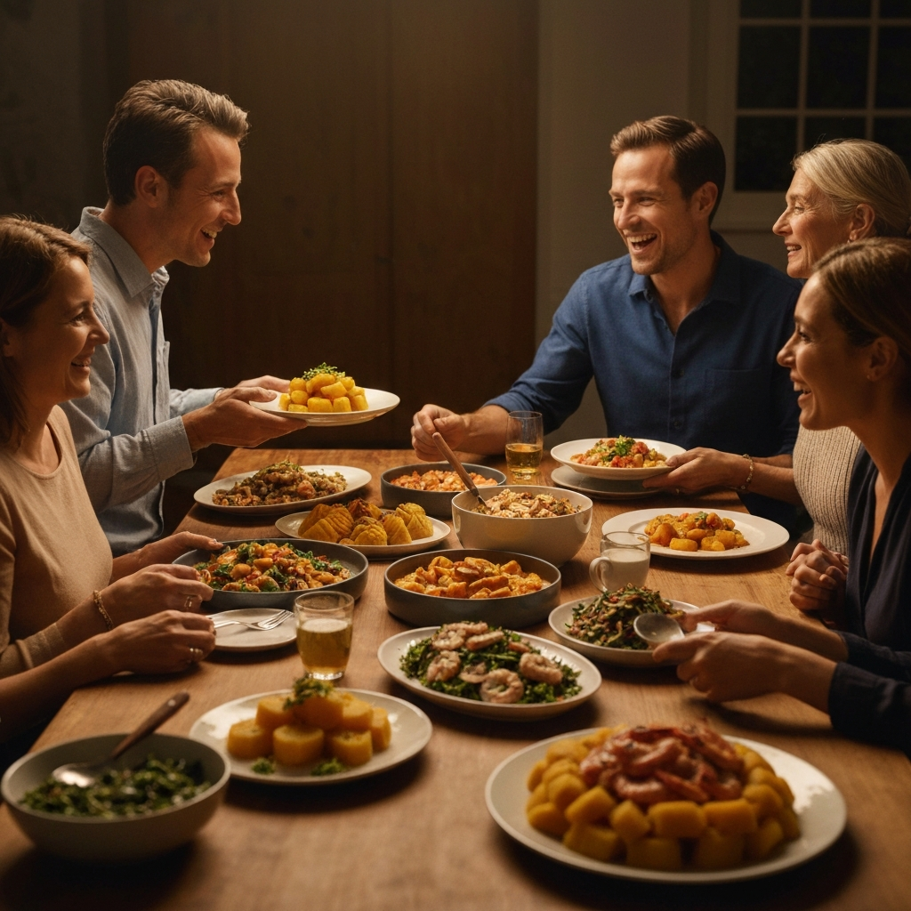 A warmly lit dining table overflowing with food; various dishes made with kūmara, seafood, and foraged greens are visible. People of different ages and backgrounds are laughing and talking, passing dishes around the table. Soft bokeh suggests a family gathering.