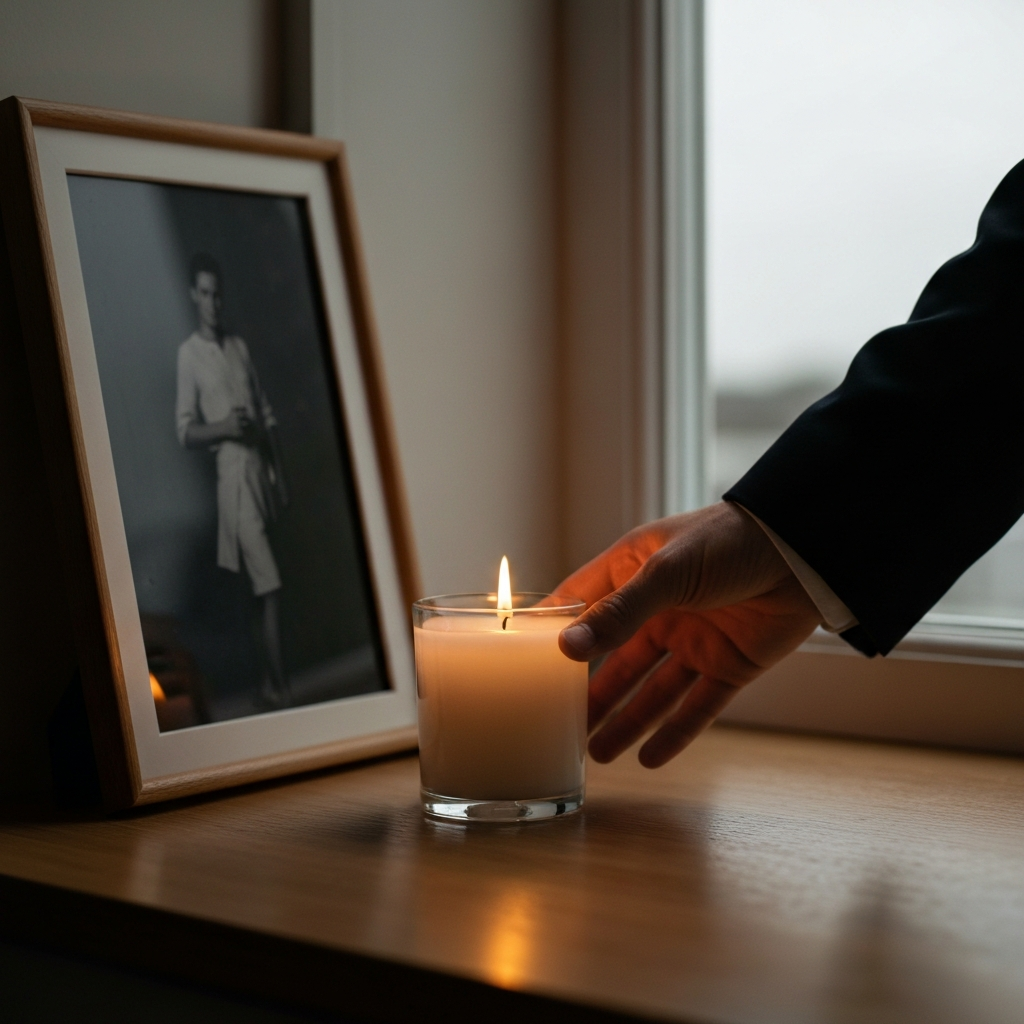 A close-up shot of a hand gently placing a lit candle on a windowsill. The flame flickers softly, casting a warm glow on a framed photograph in the background. Subtle side-lighting highlights the texture of the wooden windowsill.