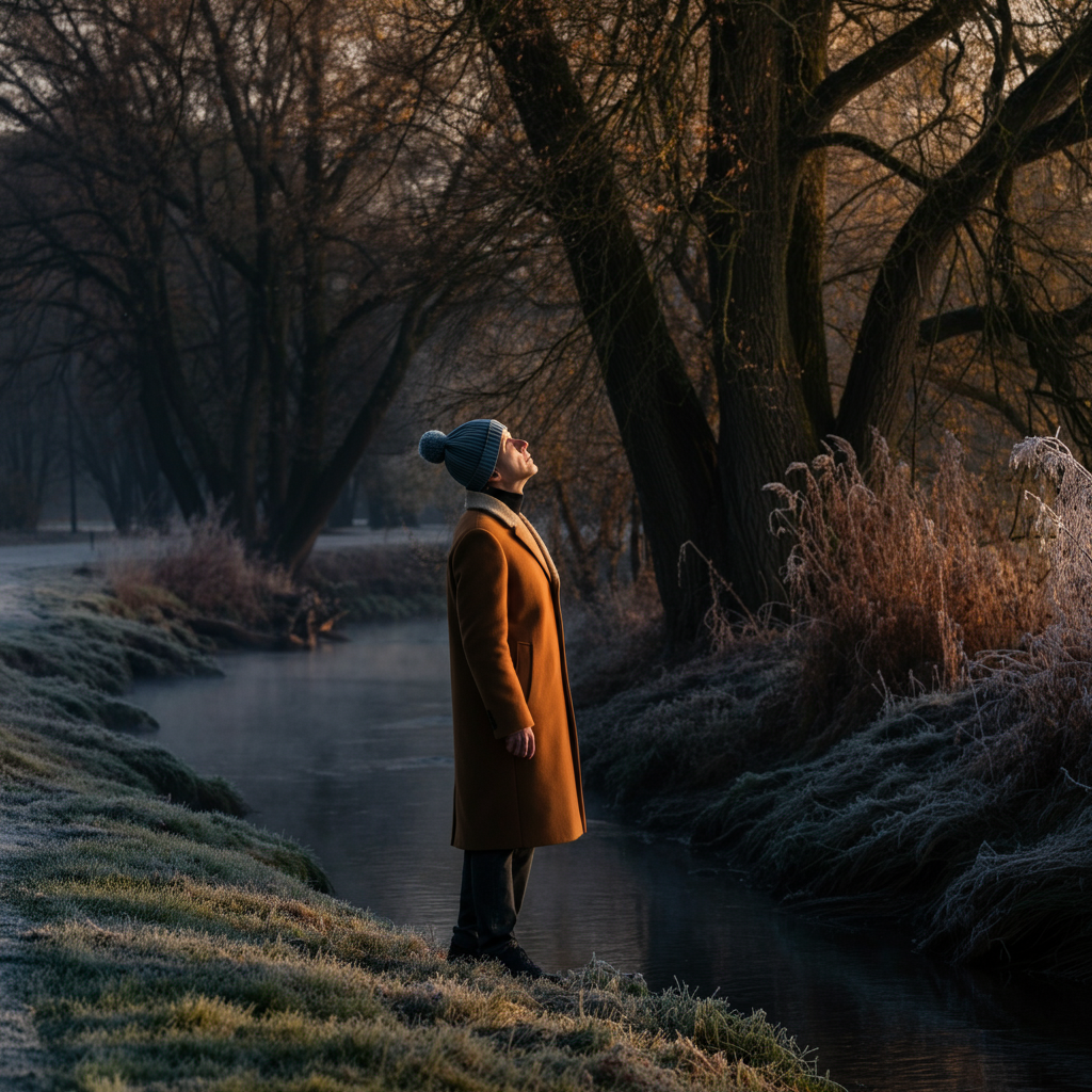 A wide shot of a person walking along a riverbank on a crisp winter morning. Frost covers the ground, and the trees are bare. The person is bundled in a warm coat and hat, looking up at the sky. Golden hour lighting paints the scene in warm tones.