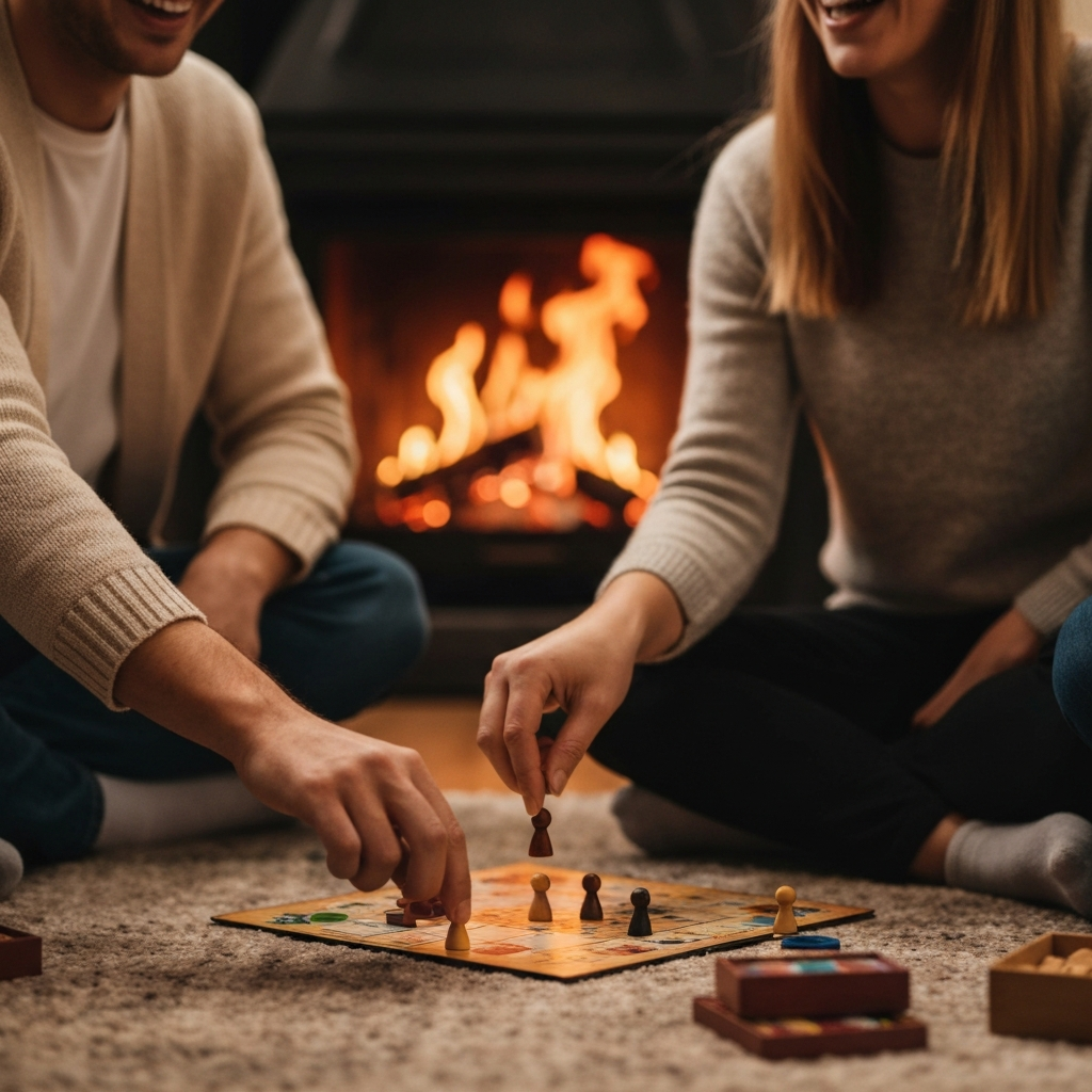A group of people sitting on a rug indoors, playing a board game. Laughter fills the air as one person reaches for a game piece. A warm fire crackles in the background, creating a cozy and inviting atmosphere. Close-up shot on hands and game pieces.