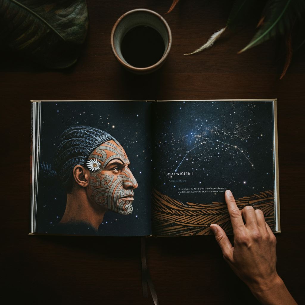 An open book displaying illustrations of the Matariki star cluster and the Māori creation story. A hand points to the illustration of Tāwhirimātea. Warm, diffused lighting highlights the book's pages.