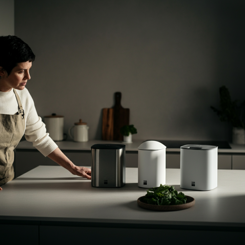 A bright, modern kitchen. A person wearing an apron examines three different countertop composting bins on the counter: one stainless steel, one ceramic, and one plastic. Soft, diffused light fills the room.