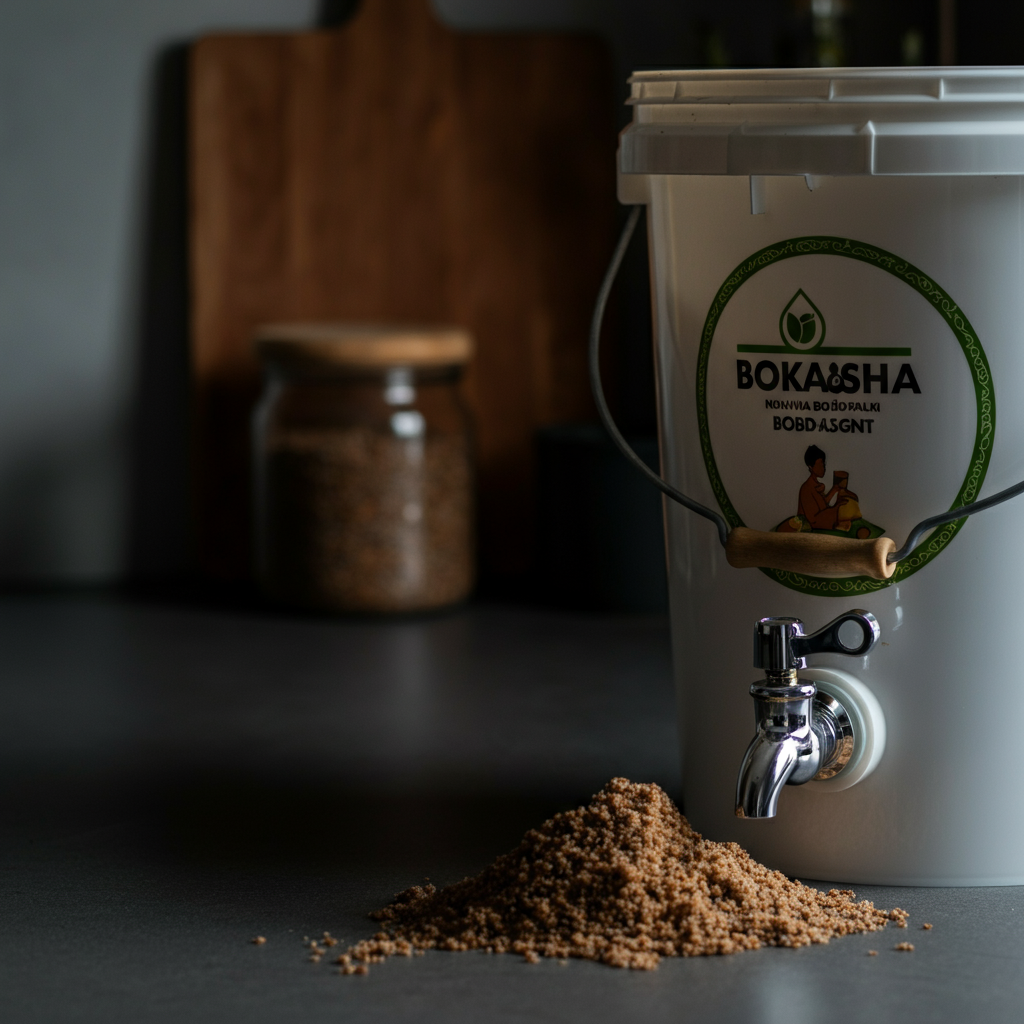 A white Bokashi bucket with a spigot, sitting on a kitchen counter. A close-up of the Bokashi bran, showing its granular texture. The scene is well-lit with a focus on the textures and details of the materials.