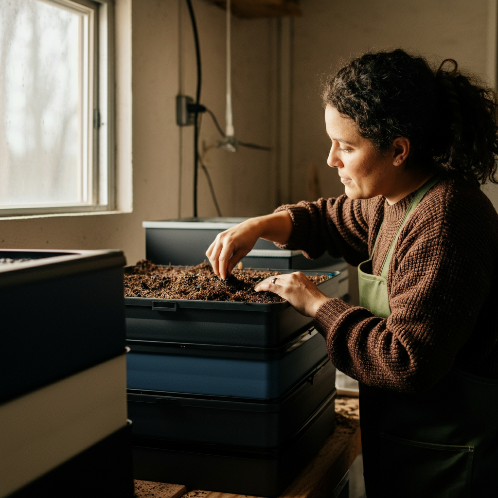 A multi-tiered worm composting bin in a well-ventilated garage. A person is carefully examining the worms and castings in one of the trays. Natural light filters in through a nearby window, highlighting the texture of the bedding.