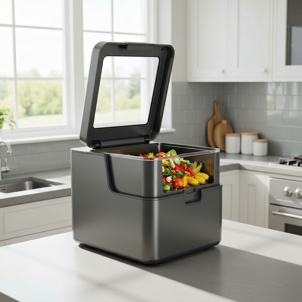 A sleek, modern electric food digester on a kitchen countertop. The lid is open, revealing the interior chamber filled with processed food waste. The scene is brightly lit with a focus on the appliance's design.