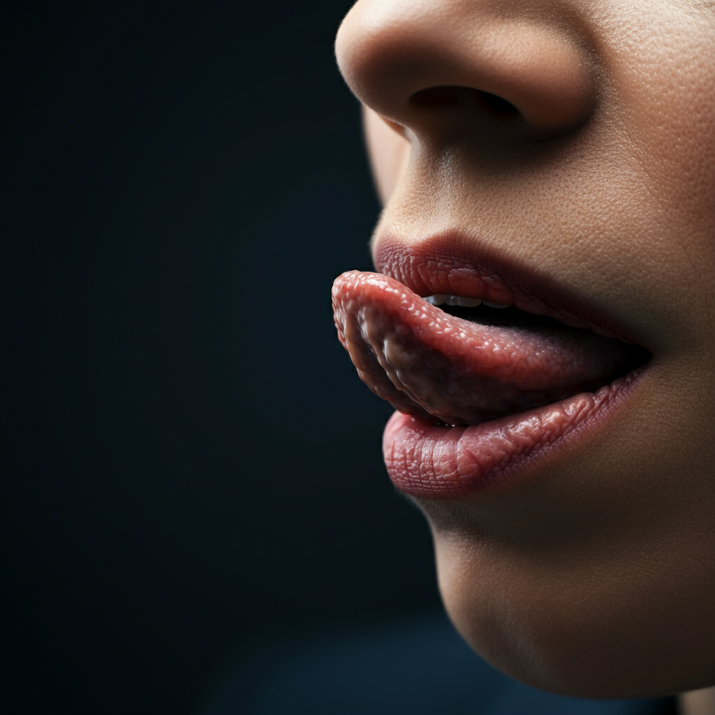 Close-up of a person's mouth, slightly open, demonstrating correct tongue placement. The lighting is soft and diffused, highlighting the texture of the tongue and palate. Focus is sharp on the tongue position, with the rest of the face blurred in soft bokeh.