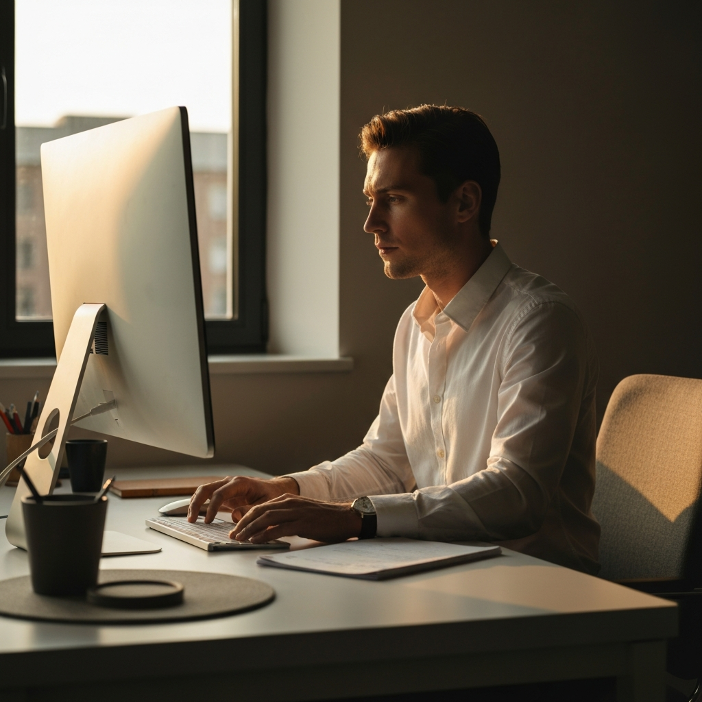 A person sitting at a modern desk, working on a computer. Golden hour lighting streams through the window, casting warm light on their face and workspace. The scene is clean and organized, highlighting a productive atmosphere.