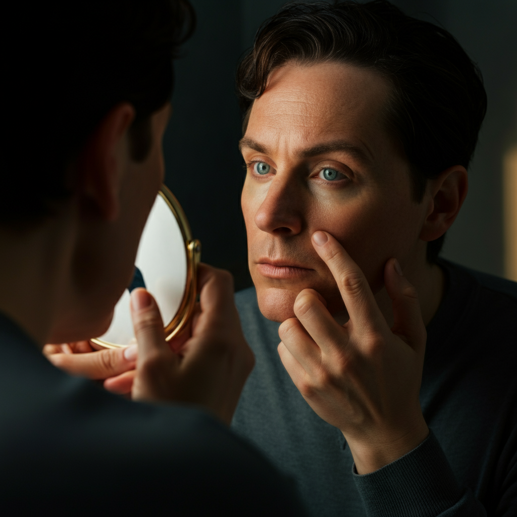 A person looking at themselves in a mirror, carefully observing their facial features. Soft, natural light illuminates their face, highlighting the texture of their skin. Their expression is thoughtful and focused.