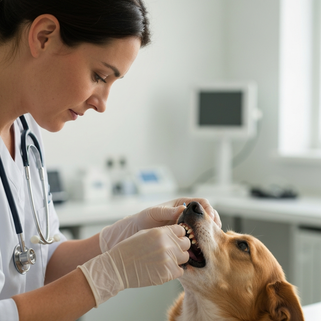 Close-up of a veterinarian gently examining a dog's teeth in a brightly lit examination room. Soft bokeh in the background shows medical instruments.