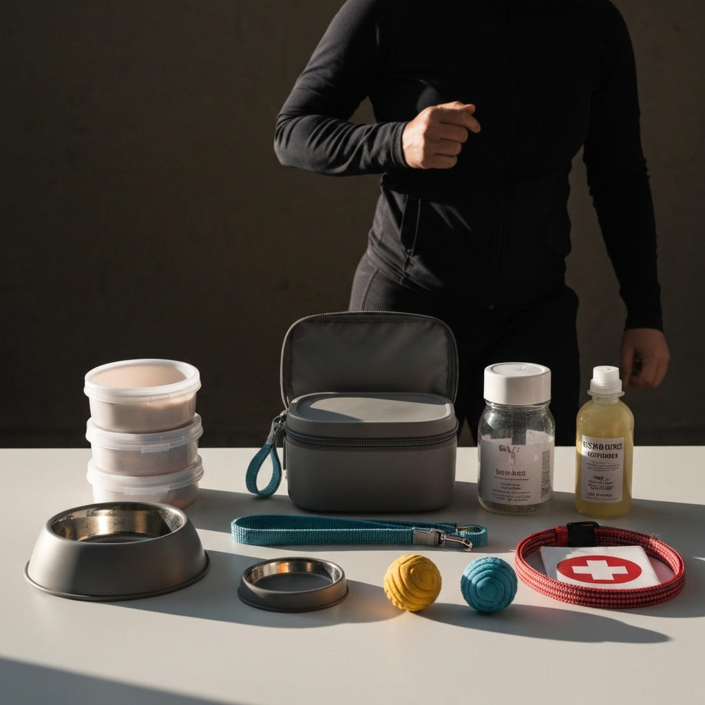 A neatly organized pet travel kit laid out on a clean table. Includes bowls, food containers, a leash, toys, and a first-aid kit. Soft, diffused light highlights the textures of the items.