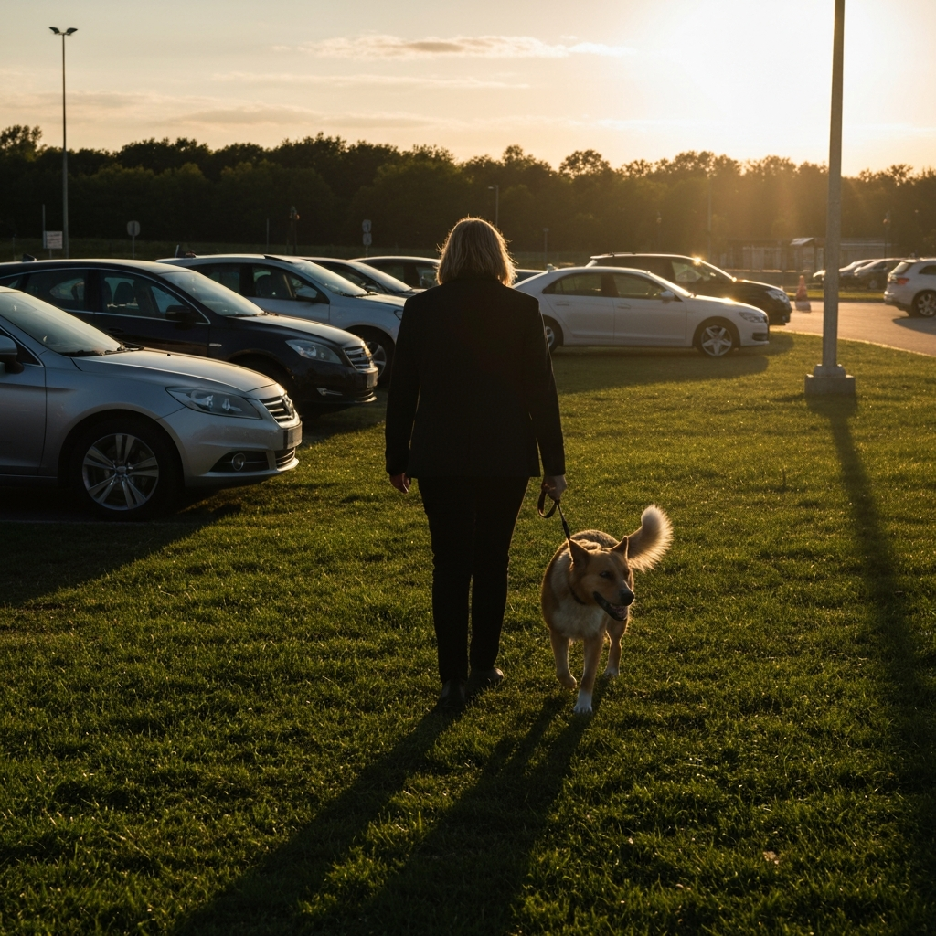 A person walking a dog on a leash in a grassy rest stop area. Other cars are parked in the background. The scene is bathed in warm, late afternoon sunlight.