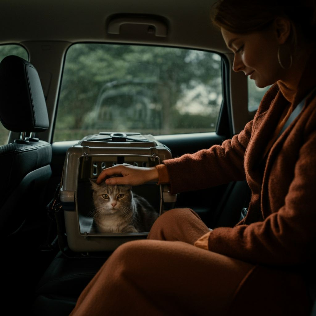 A person petting a cat inside a pet carrier in the passenger seat of a car. The car is parked, and the scene is illuminated by soft, natural light.
