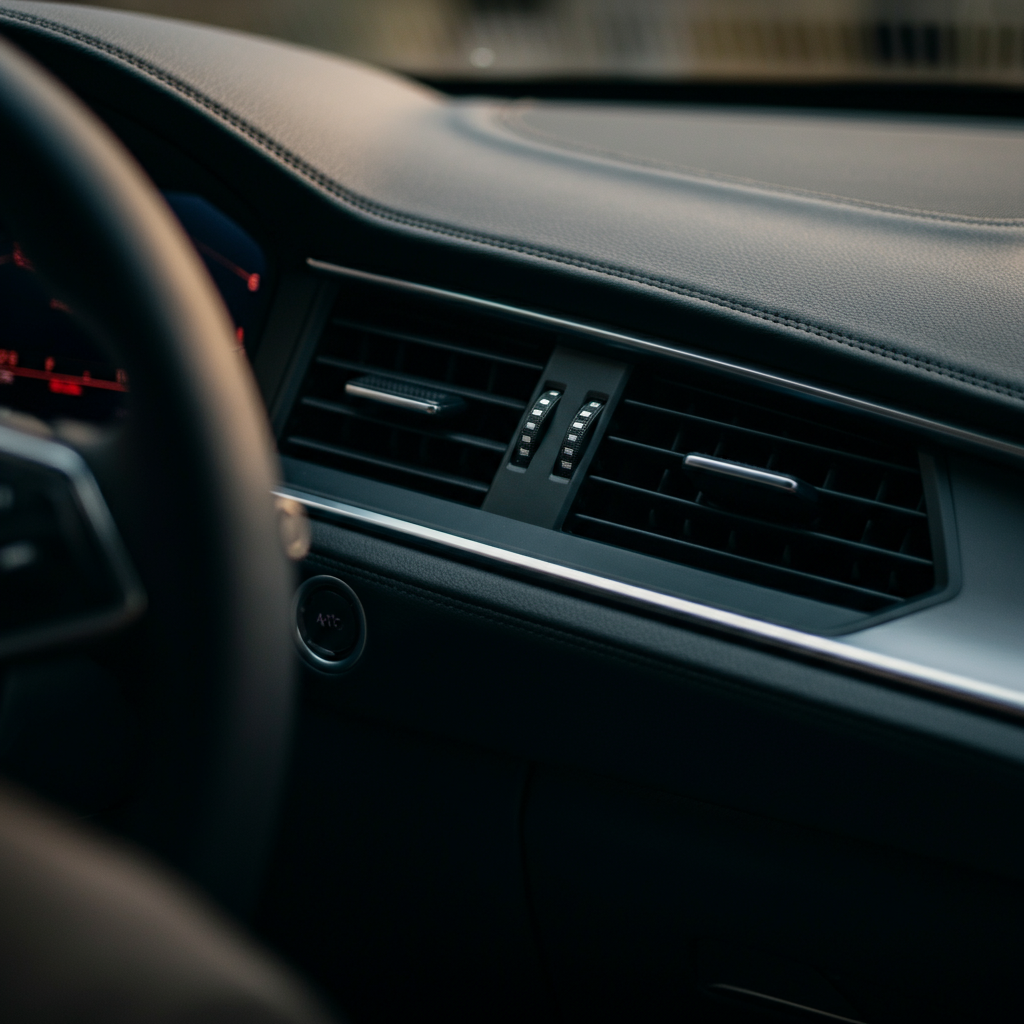 A car's dashboard with the air conditioning vents directed towards the back seat. Soft focus on the background.