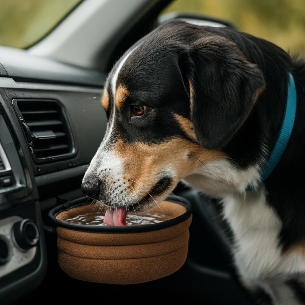 Close-up of a dog drinking water from a portable bowl inside a car. Natural light highlights the texture of the dog's fur and the water droplets.