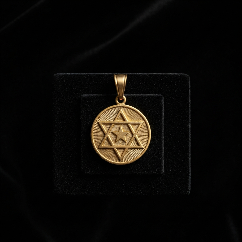 A close-up shot of a gold Eastern Star pendant on a dark velvet background. Soft, diffused light highlights the details of the emblem and the texture of the velvet.