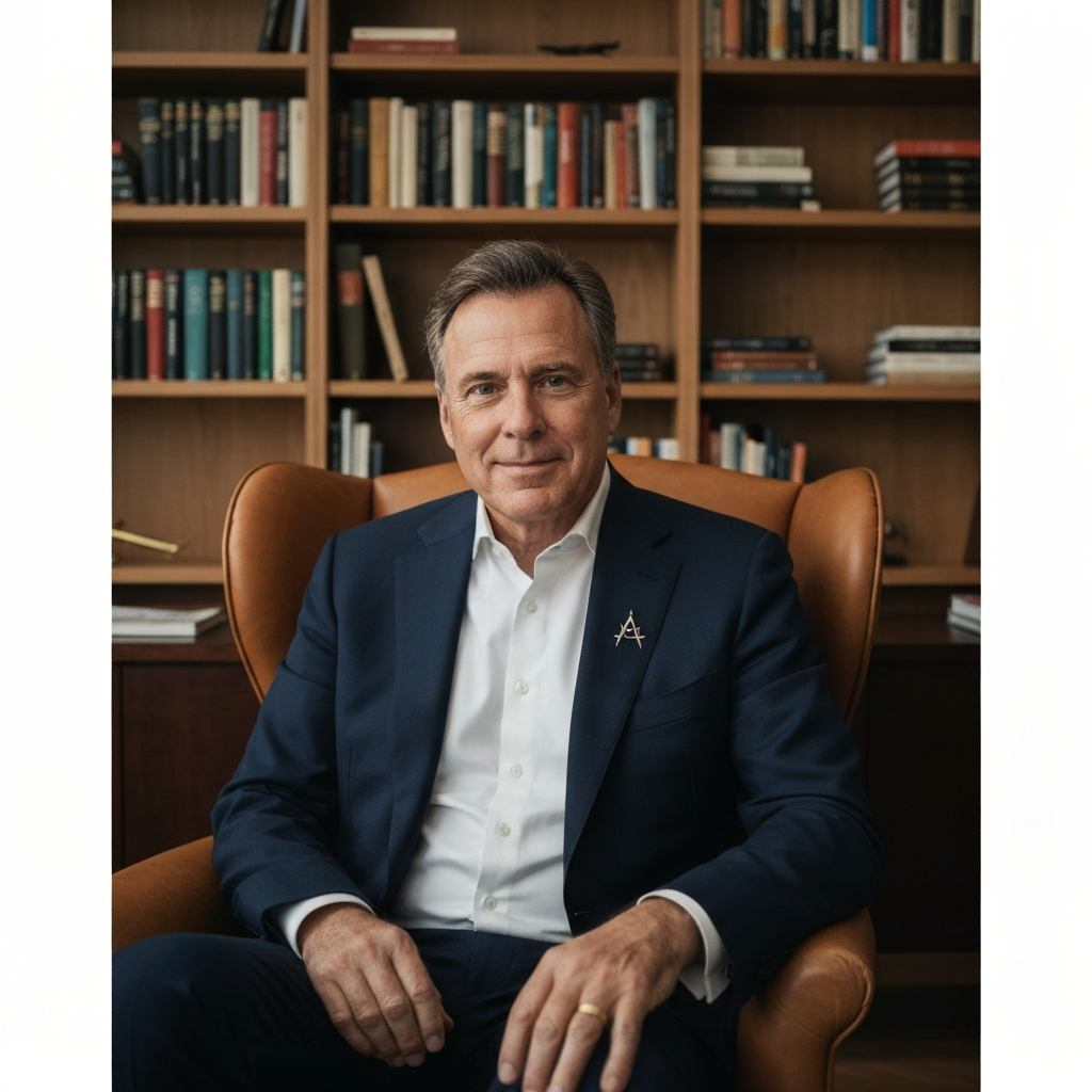 A warmly lit study with bookshelves in the background. A middle-aged man sits in a leather armchair, subtly displaying a square and compass lapel pin on his suit jacket.