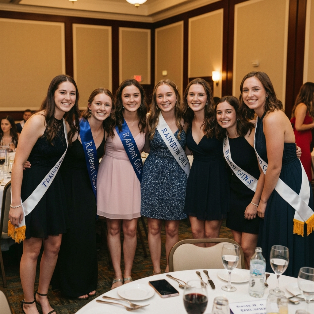 A well-lit banquet hall. A group of young women in formal attire are gathered, some wearing Rainbow Girls sashes. The focus is on their faces and expressions of camaraderie.