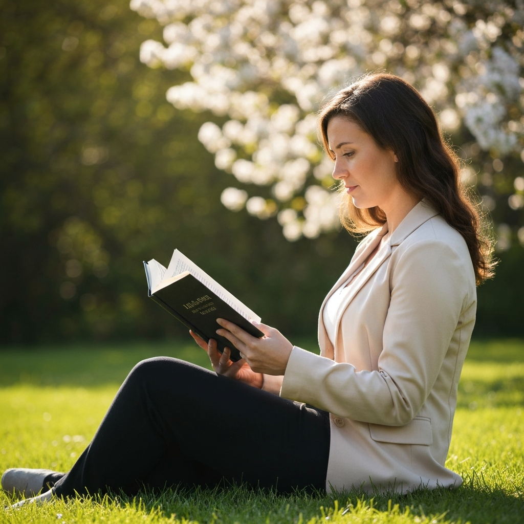 A woman sits in a sun-drenched garden, reading a book. The soft bokeh in the background shows blooming flowers. The book's cover subtly hints at a Biblical theme.