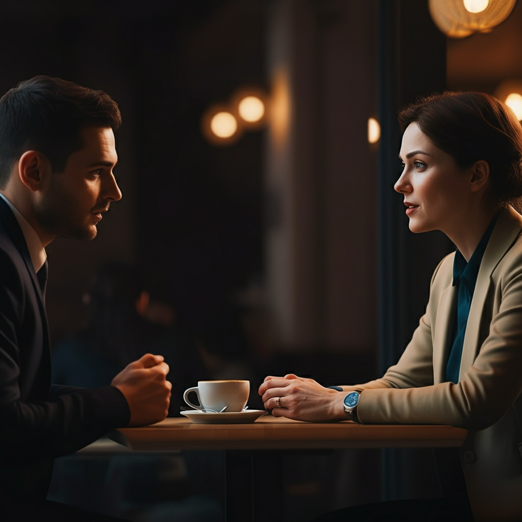 Two people are engaged in a polite conversation over coffee in a brightly lit cafe. The atmosphere is relaxed and friendly. Their body language suggests mutual respect and active listening.