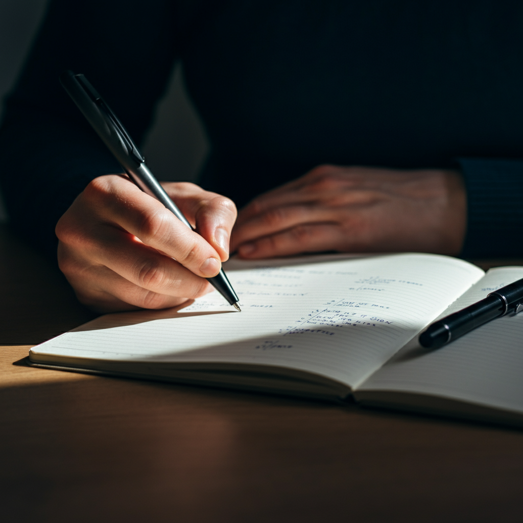 Close-up shot of a person writing in a notebook under soft, natural light. The notebook is open to a page with headings like "Goals," "Motivation," and "Action Plan." A pen rests beside the notebook.