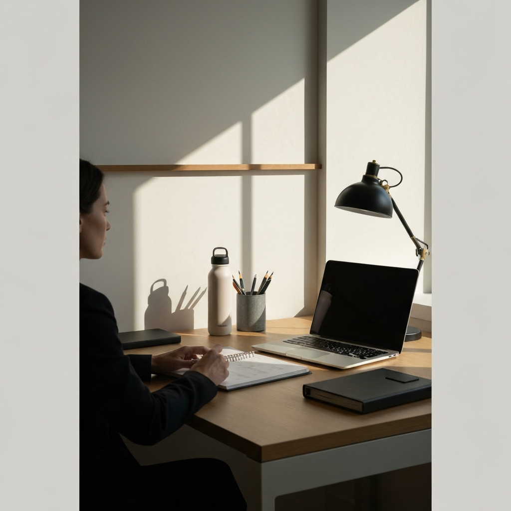 A minimalist desk setup with a laptop, a planner, and a water bottle. Sunlight streams in through a window, casting a warm glow on the workspace.