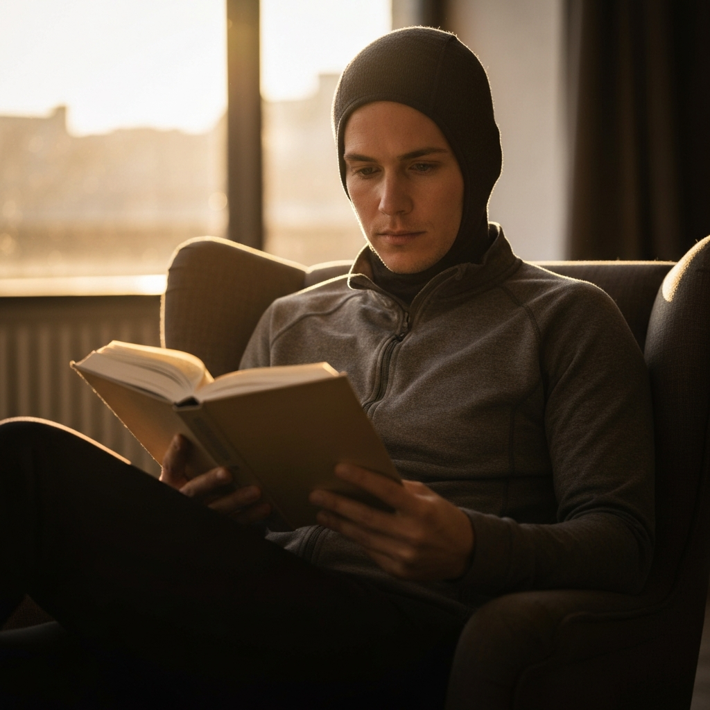A person sitting comfortably in an armchair, reading a book with a focused expression. Soft bokeh in the background suggests a peaceful and inviting atmosphere.