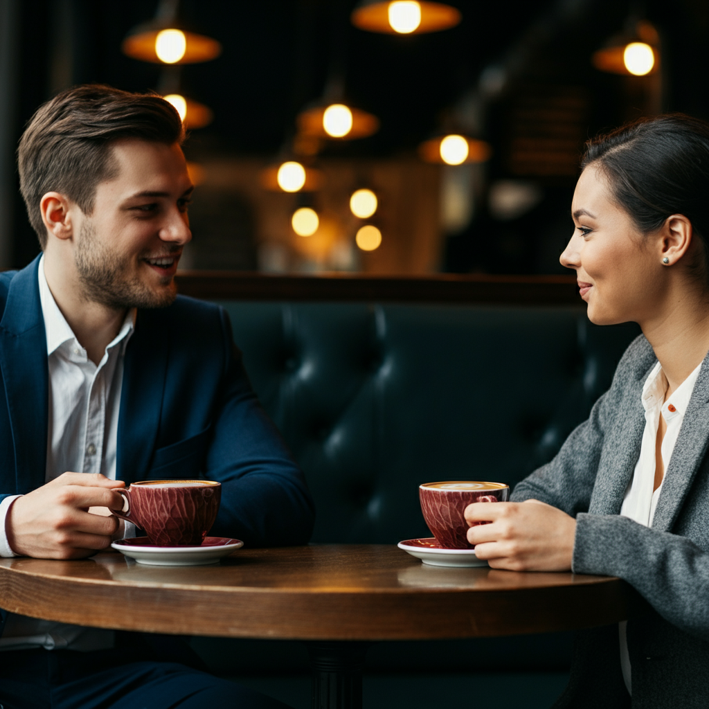 Two friends having a conversation at a cafe, with cups of coffee on the table. They are both smiling and engaged in the discussion. The scene is lit with warm, natural light.